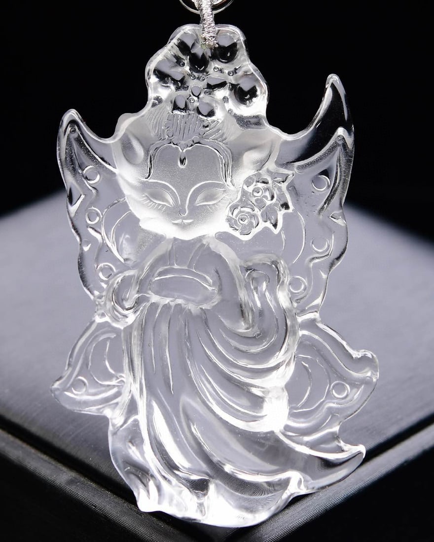 White Crystal Hand Carved Fox Pendant - 2