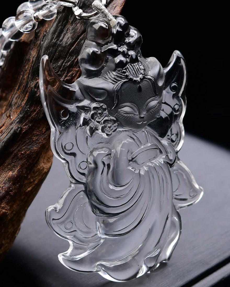White Crystal Hand Carved Fox Pendant - 3