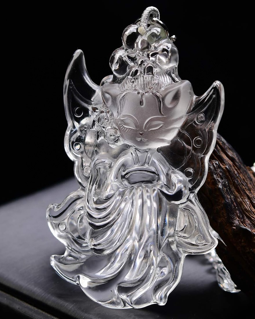 White Crystal Hand Carved Fox Pendant - 4