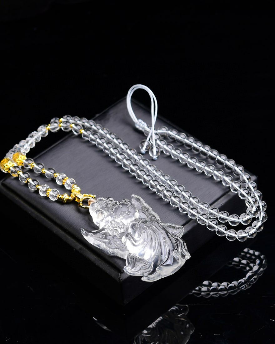 White Crystal Hand Carved Fox Pendant - 5