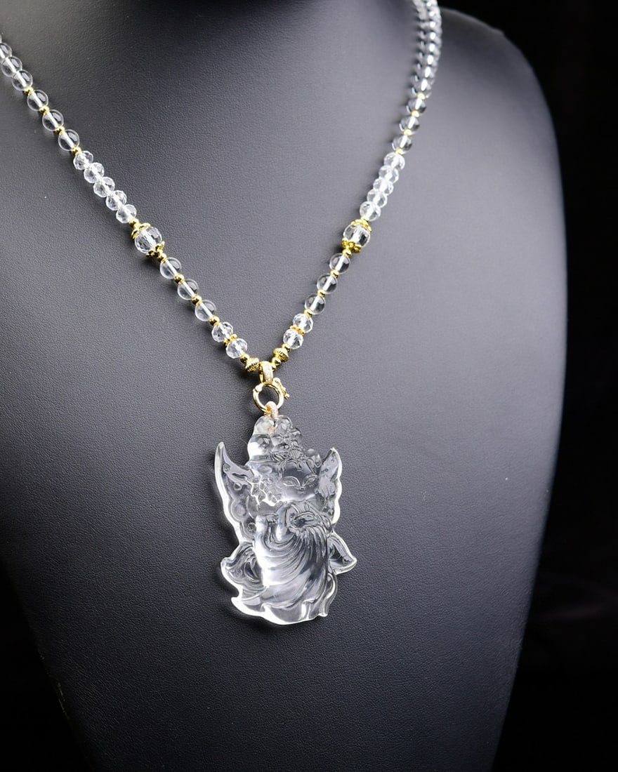 White Crystal Hand Carved Fox Pendant - 6