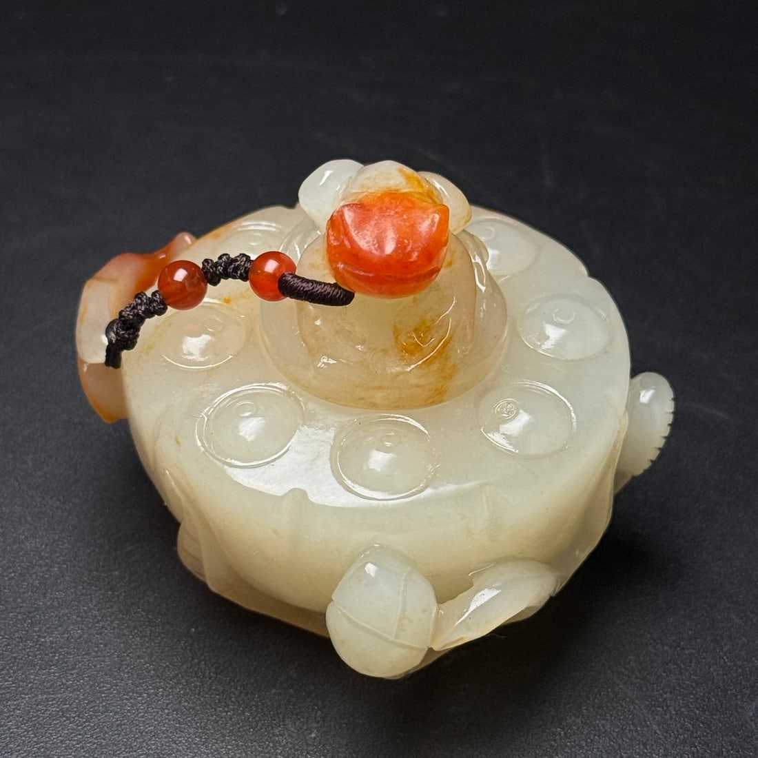 Hetian Jade Hand Carved Frog Lotus Seedpod Small Pot Statue (1 of 9)