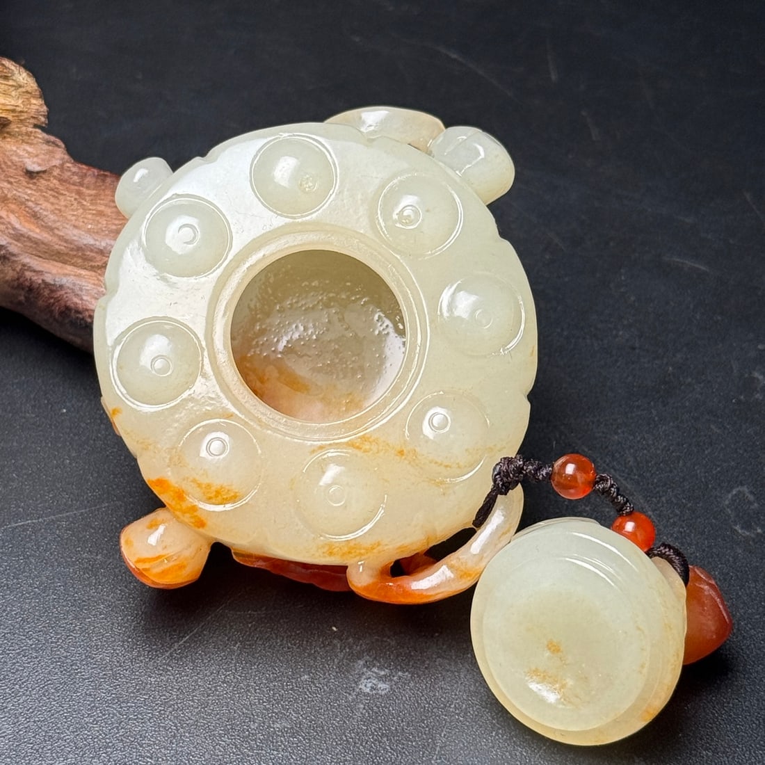 Hetian Jade Hand Carved Frog Lotus Seedpod Small Pot Statue - 5