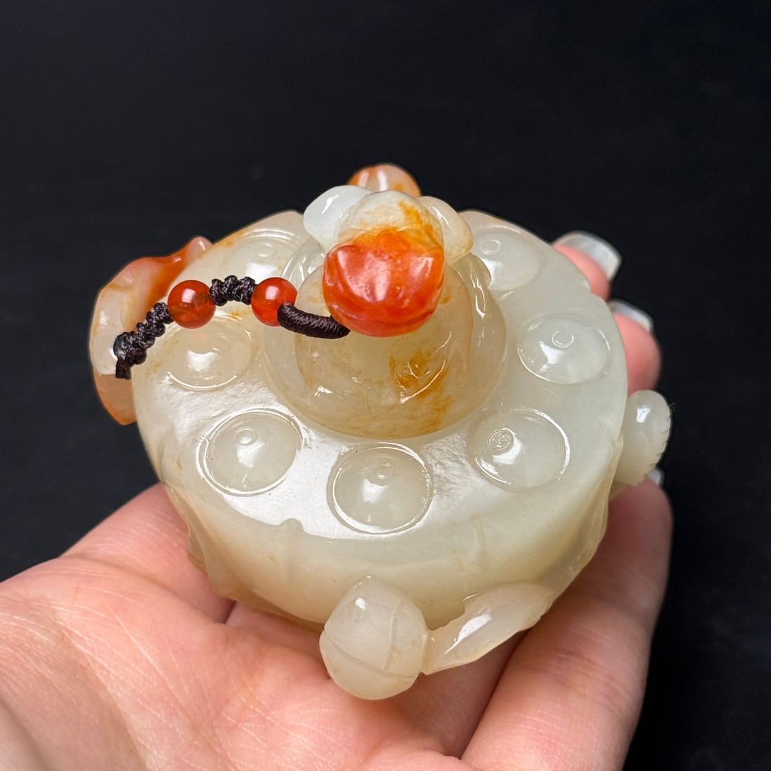 Hetian Jade Hand Carved Frog Lotus Seedpod Small Pot Statue - 8