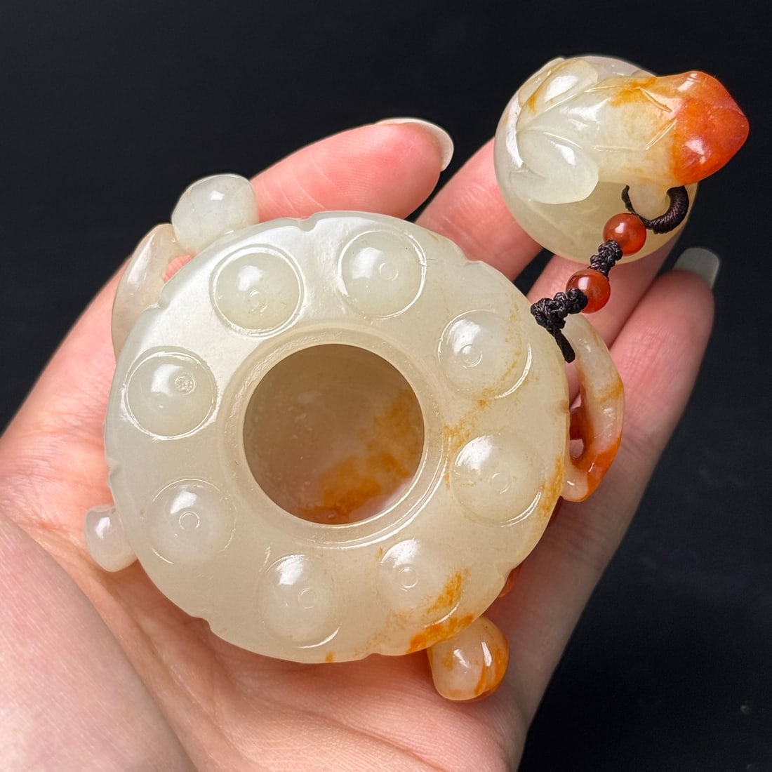 Hetian Jade Hand Carved Frog Lotus Seedpod Small Pot Statue - 9