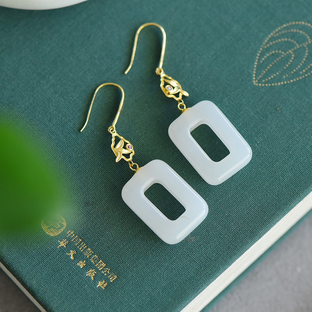 A Pair 18K Gold Inlay Hetian Jade Earrings - 2