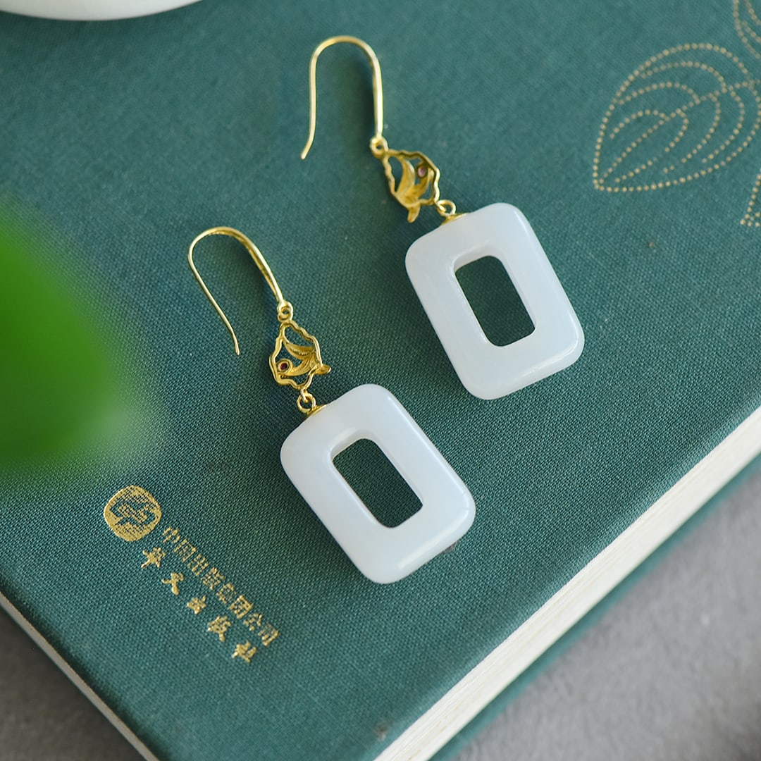 A Pair 18K Gold Inlay Hetian Jade Earrings - 3