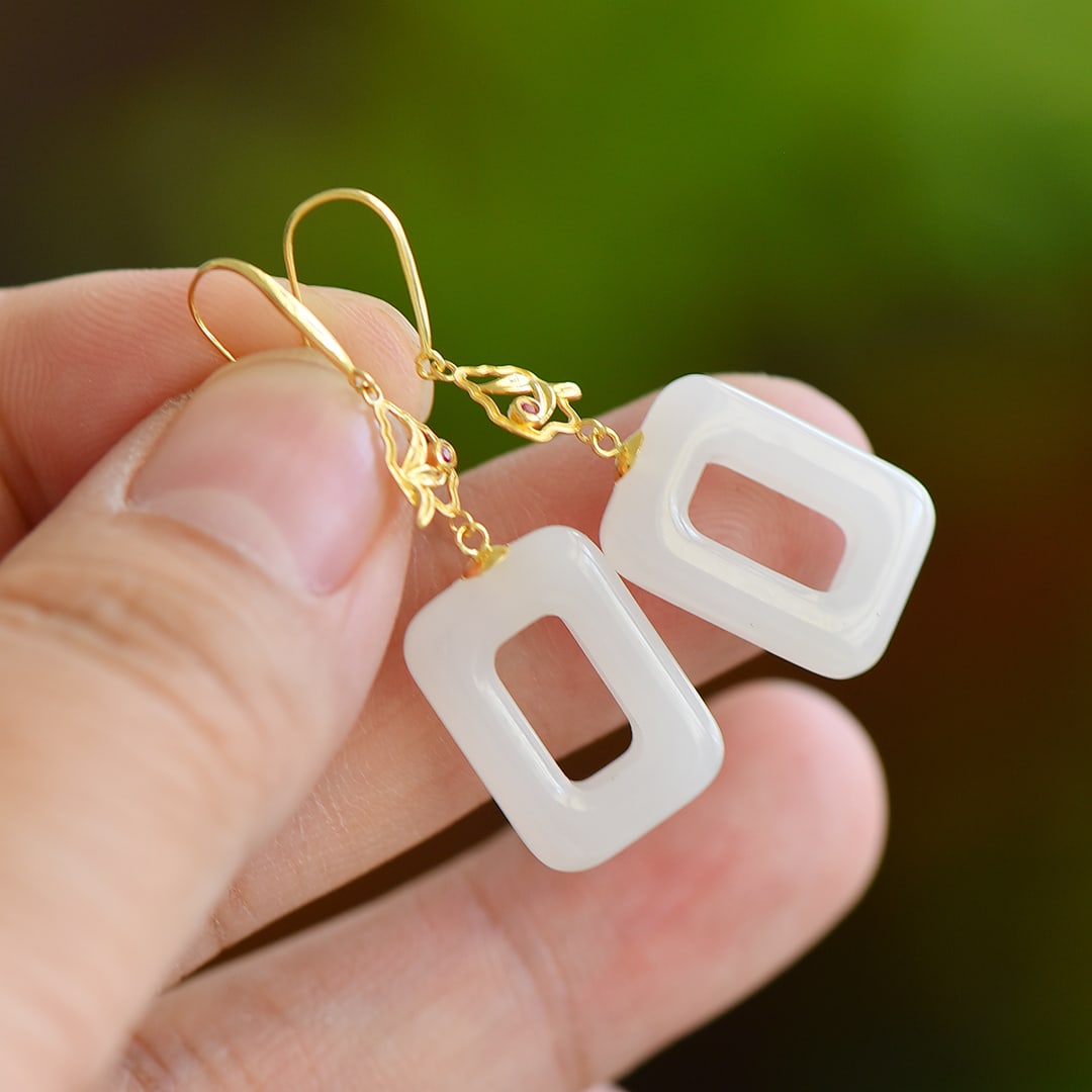 A Pair 18K Gold Inlay Hetian Jade Earrings - 4