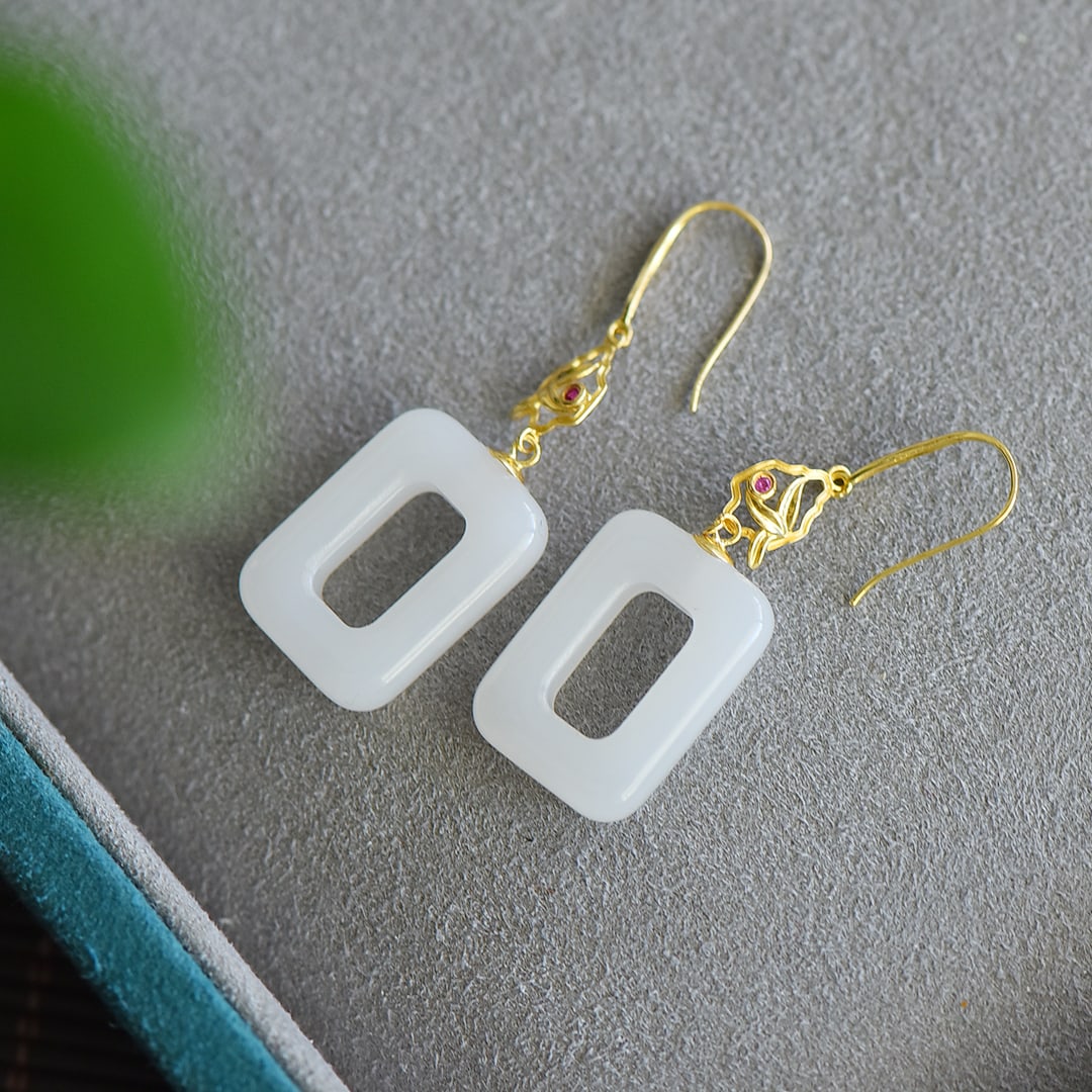 A Pair 18K Gold Inlay Hetian Jade Earrings - 5