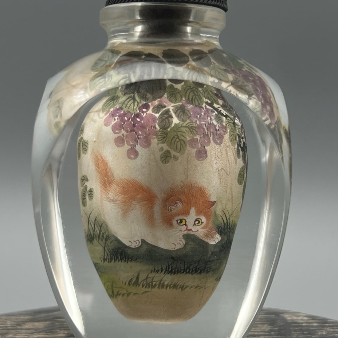 Old Peking Glass Inside Painting Cat Design Snuff Bottle w Stopper - 2