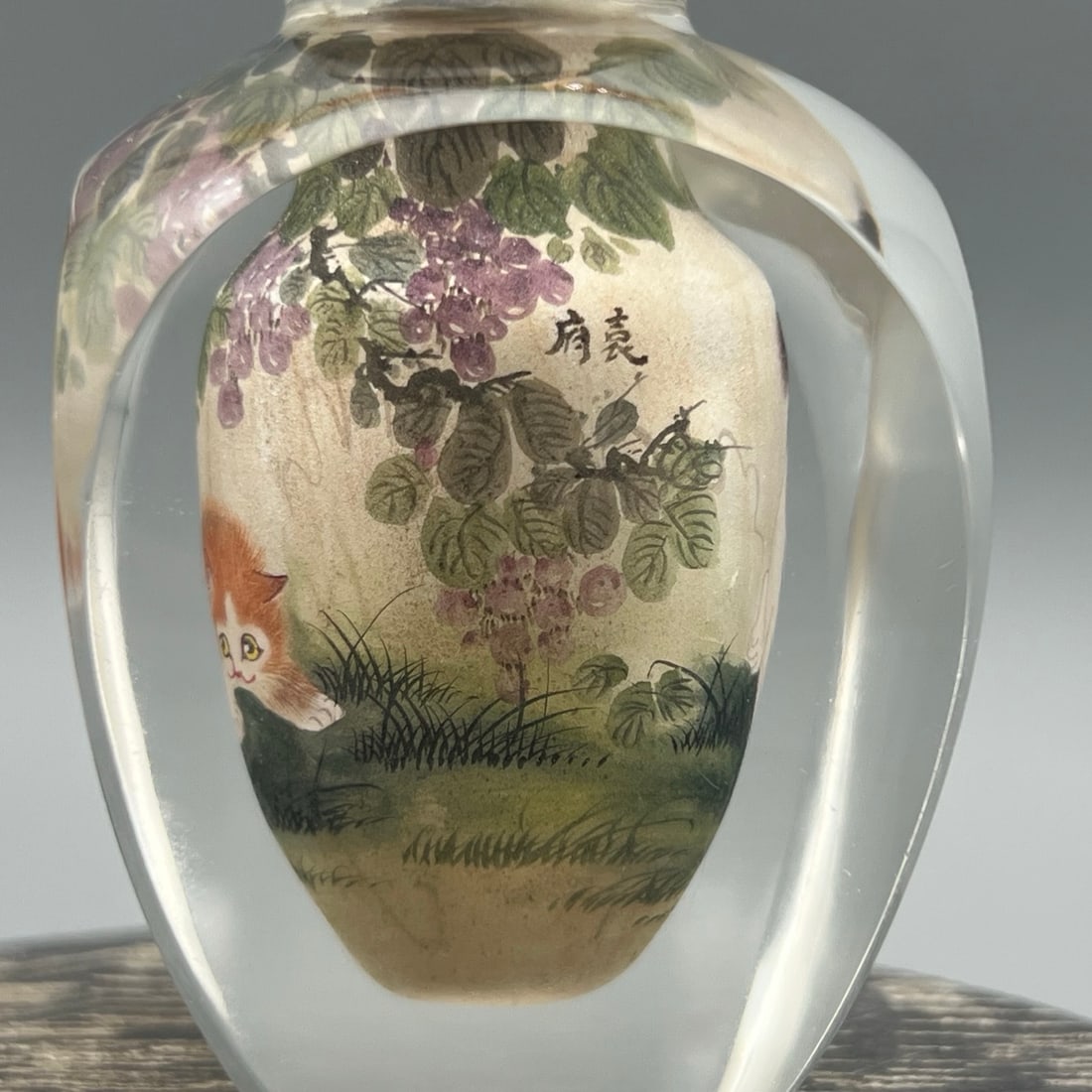 Old Peking Glass Inside Painting Cat Design Snuff Bottle w Stopper - 3