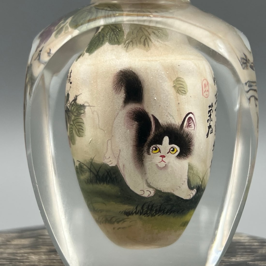 Old Peking Glass Inside Painting Cat Design Snuff Bottle w Stopper - 4
