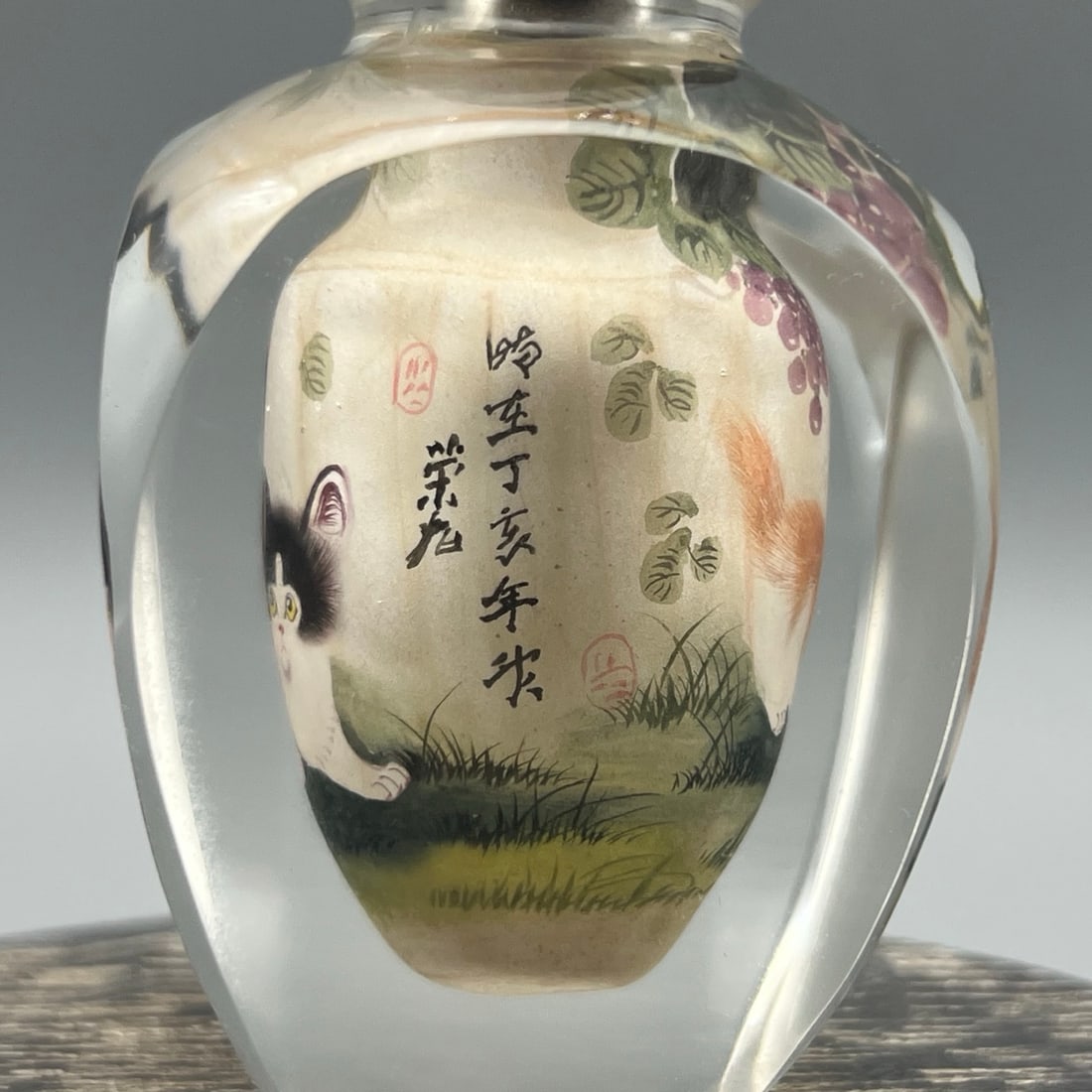 Old Peking Glass Inside Painting Cat Design Snuff Bottle w Stopper - 5