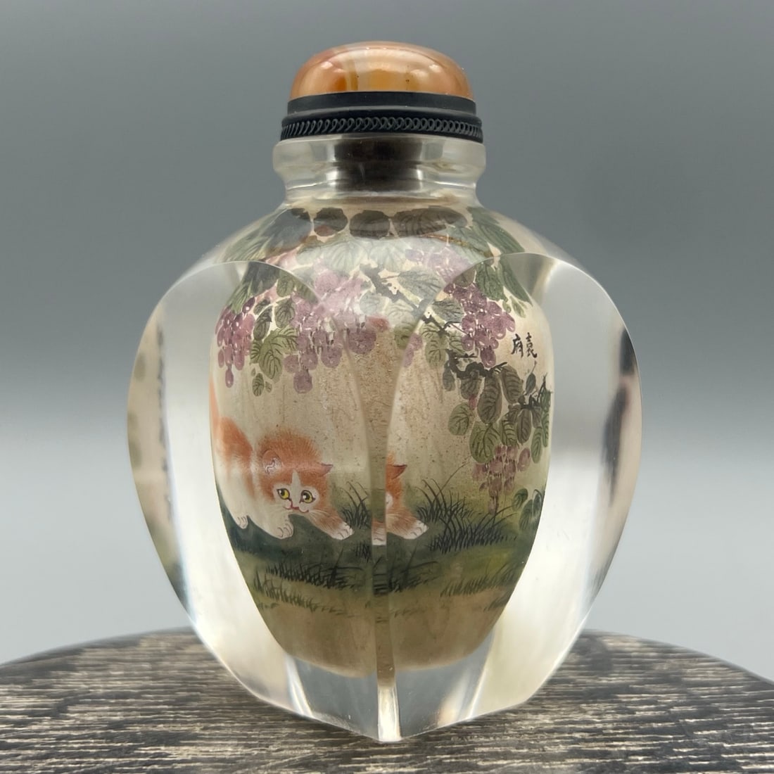 Old Peking Glass Inside Painting Cat Design Snuff Bottle w Stopper - 6