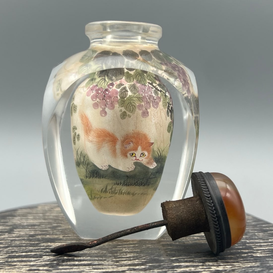 Old Peking Glass Inside Painting Cat Design Snuff Bottle w Stopper - 7