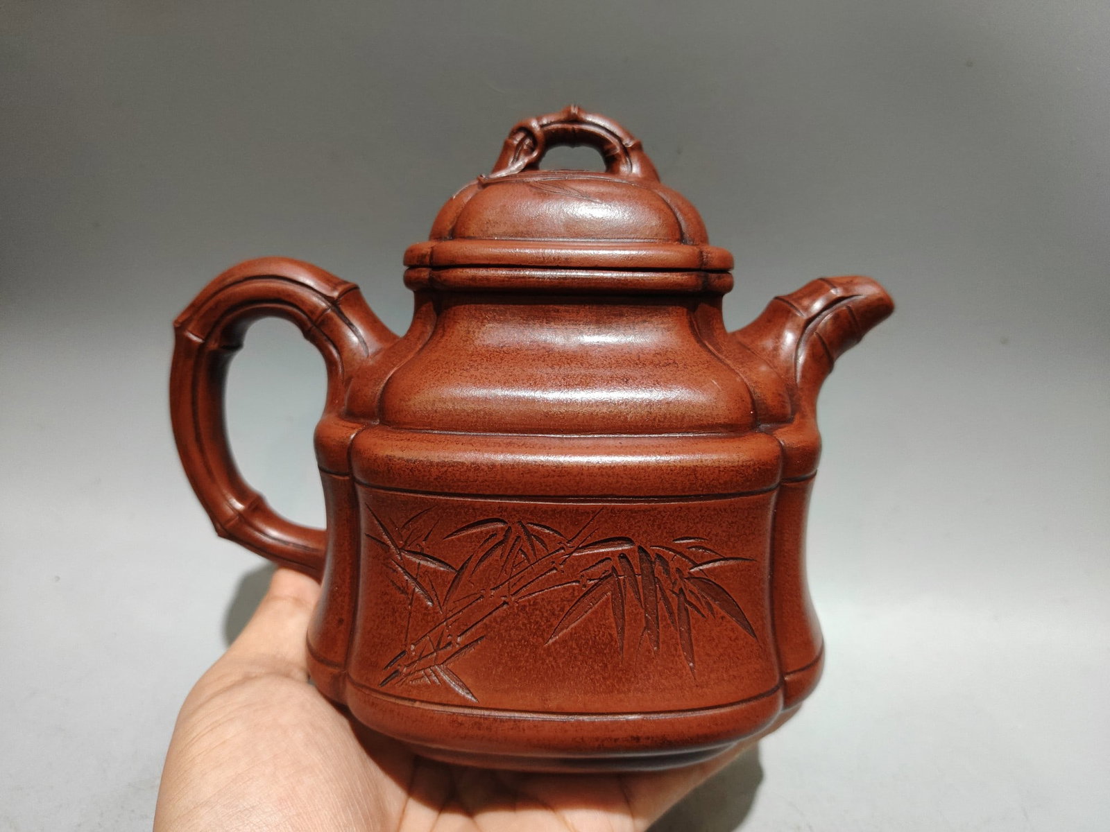 Yixing Zisha Clay Bamboo Teapot w Artist Signed - 4