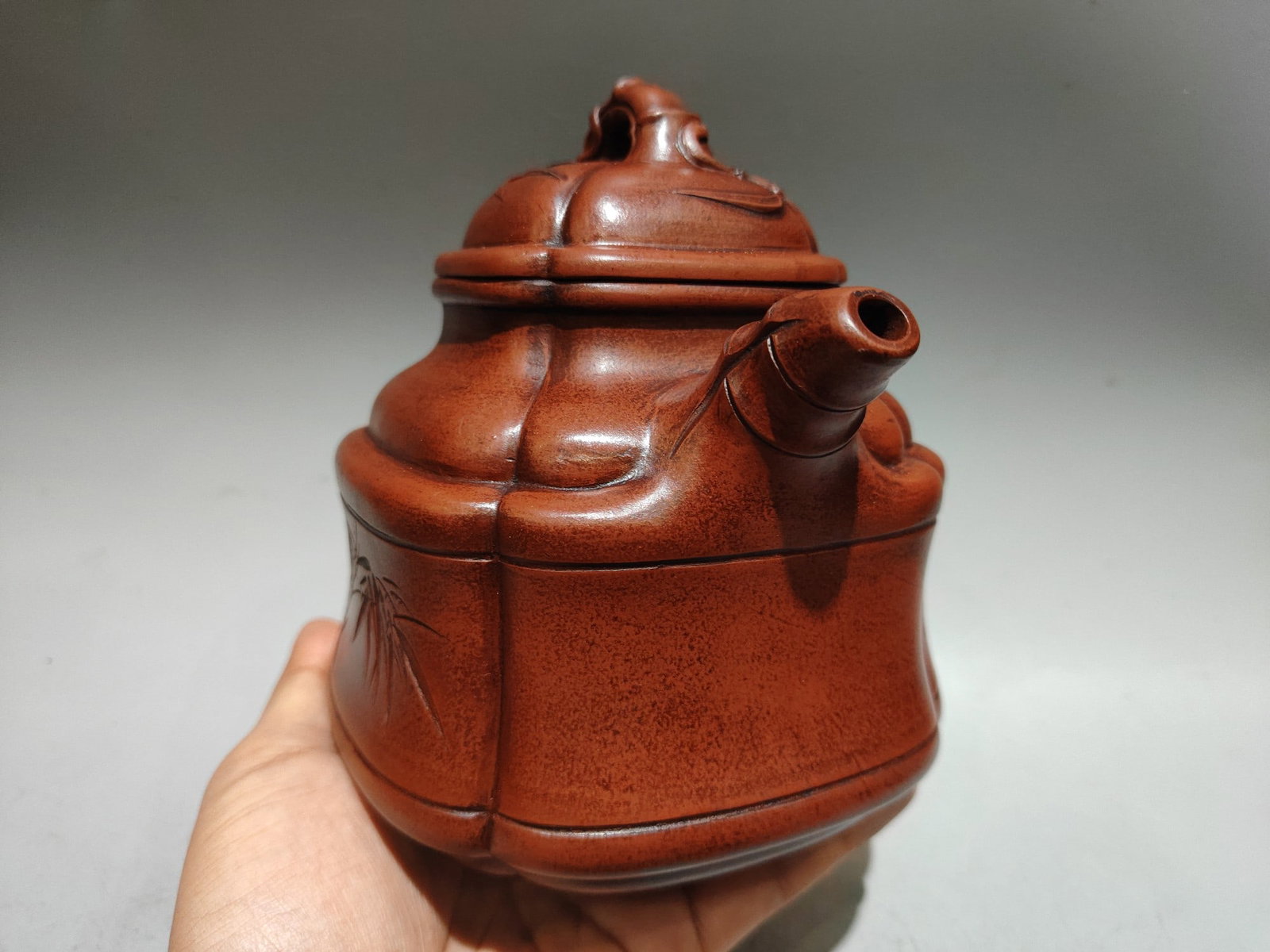 Yixing Zisha Clay Bamboo Teapot w Artist Signed - 5