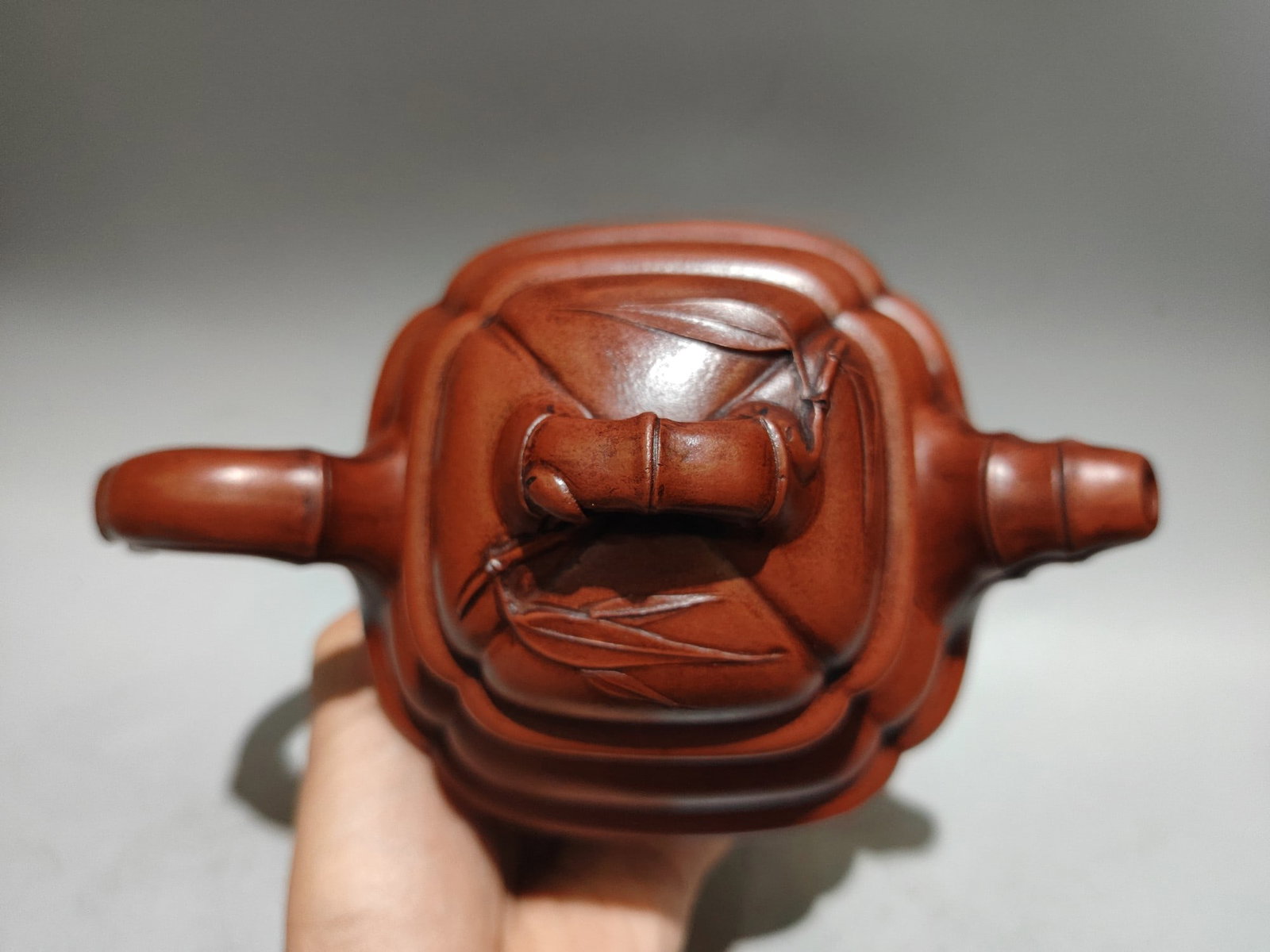 Yixing Zisha Clay Bamboo Teapot w Artist Signed - 6