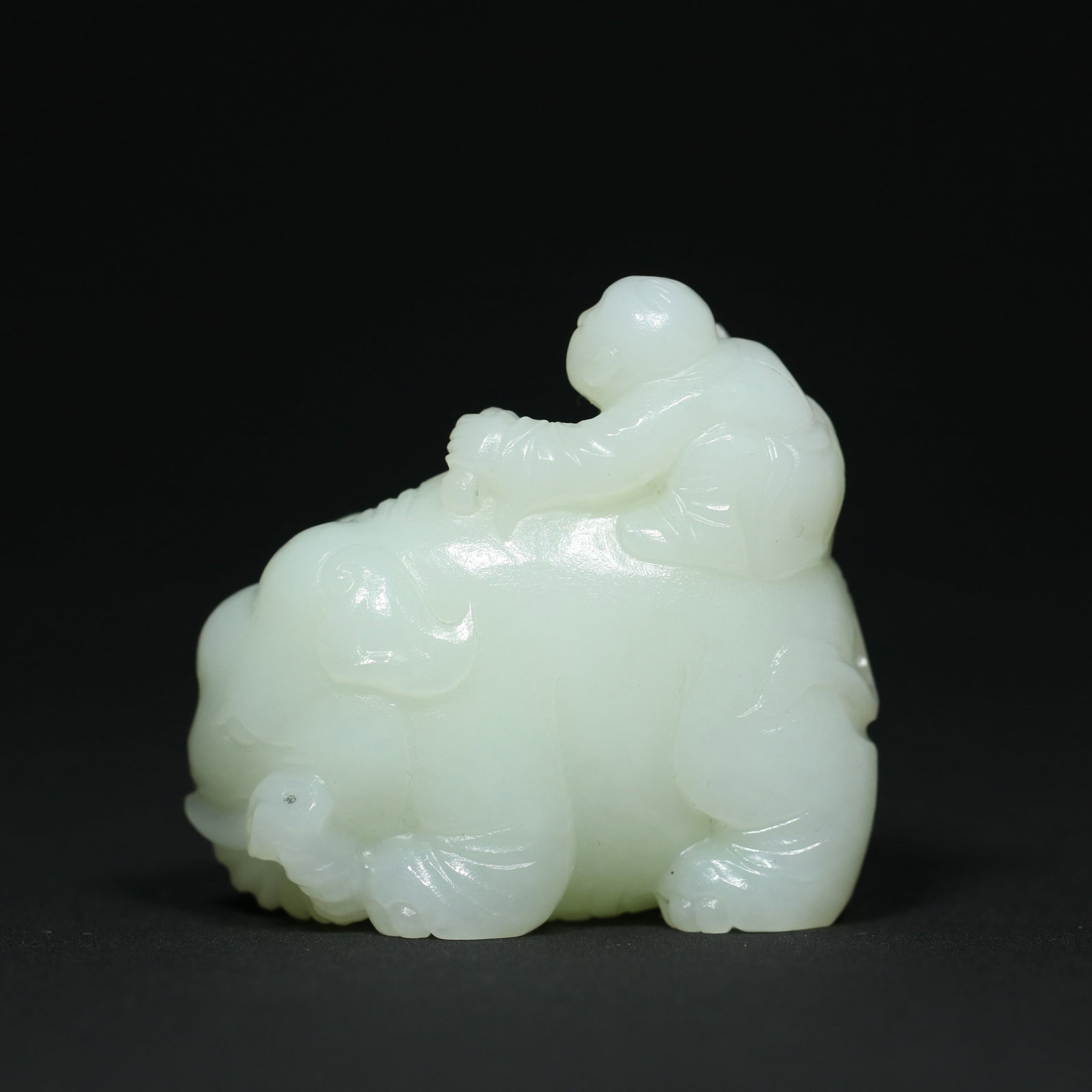 White Hetian Jade Hand Carved Elephant & Kid Statue - 2