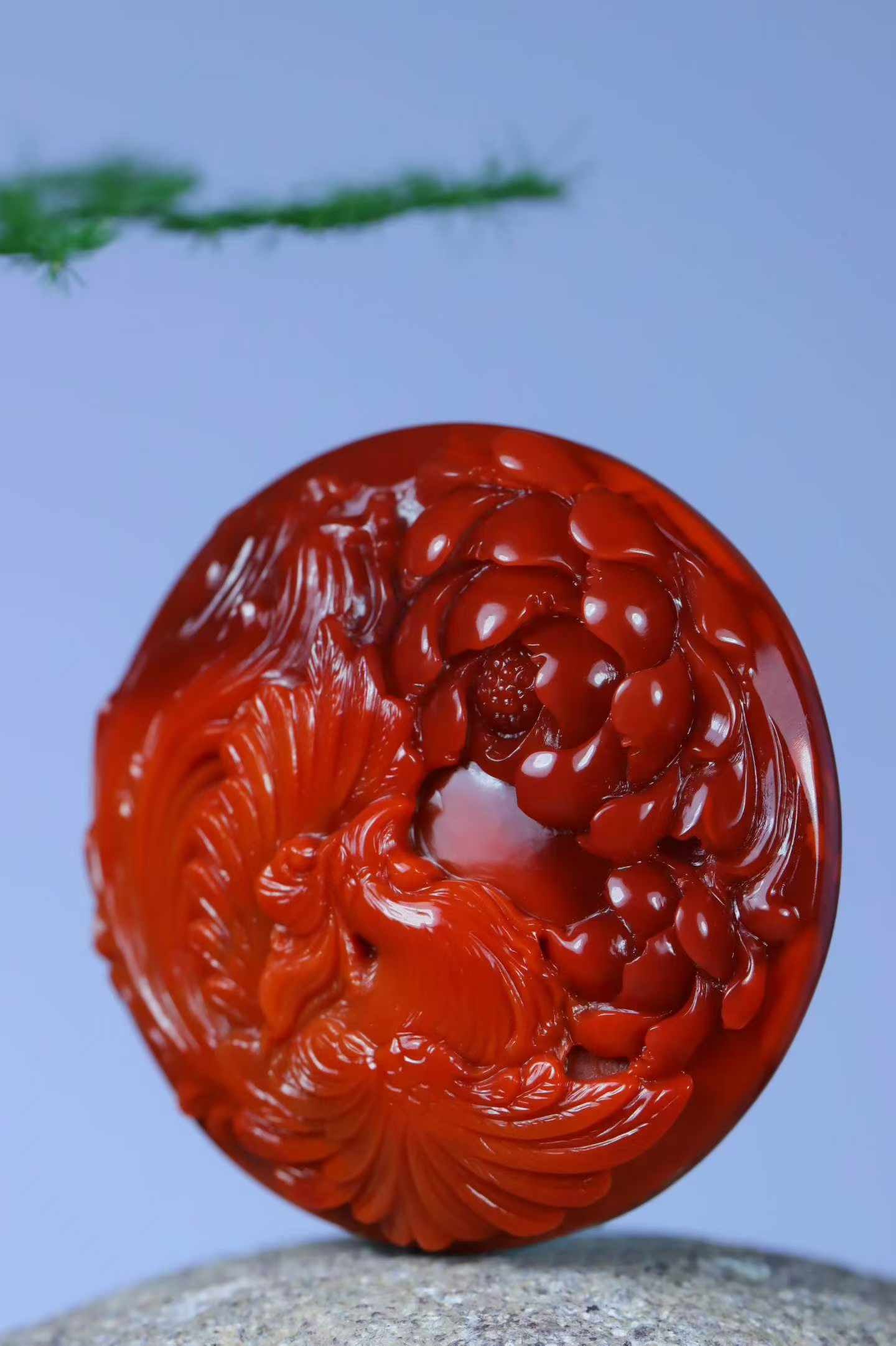 Nanhong Agate Hand Carved Phoenix Peony Pendant with Certificate - 2