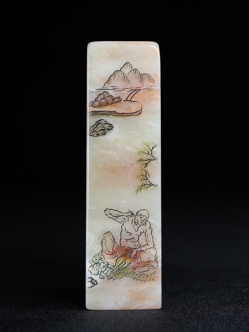 Old Shoushan Stone Arhat Seal: Title: Old Shoushan Stone Arhat Seal Origin: Chinese Date/Period: After1910 Materials: Shoushan Stone Dimensions: 118x33x33(mm) 4.65x1.30x1.30(inches) Weight 0.74 lbs/335g Reserve: $199.00 Shipping: