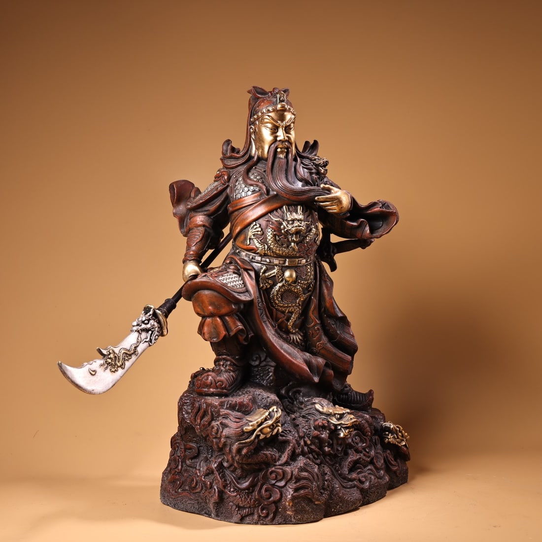 Vintage Gilt Gold Red Copper Guangong General Statue - 2