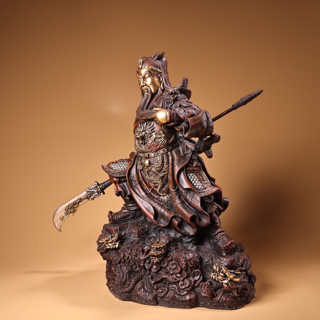 Vintage Gilt Gold Red Copper Guangong General Statue - 3