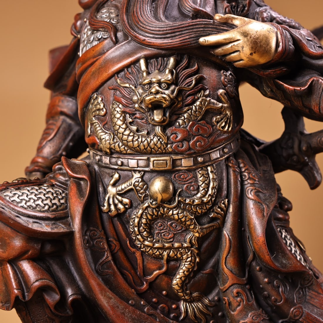 Vintage Gilt Gold Red Copper Guangong General Statue - 4