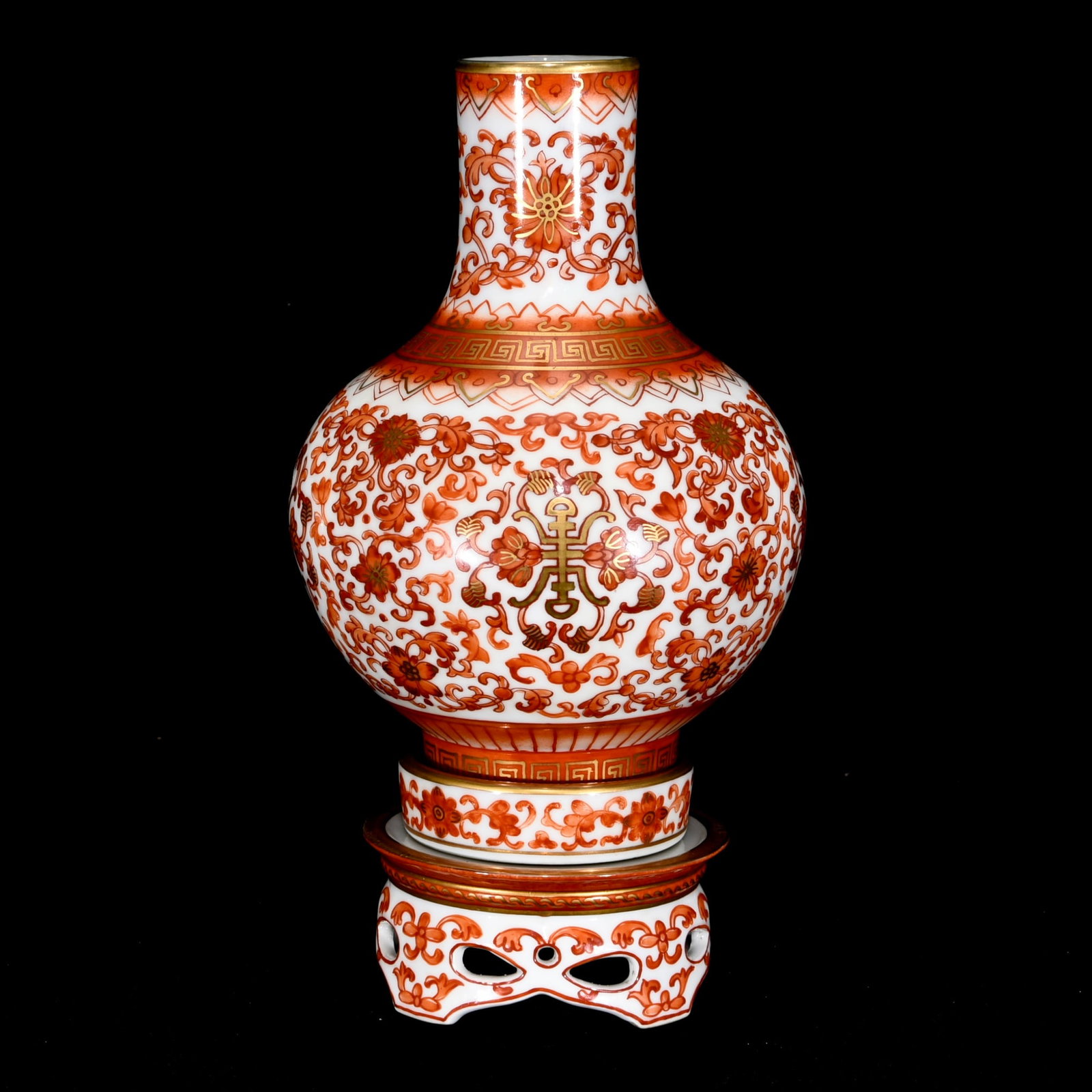 Gilt Gold Iron Red Glaze Flower Design Porcelain Turn Heart Vase - 2