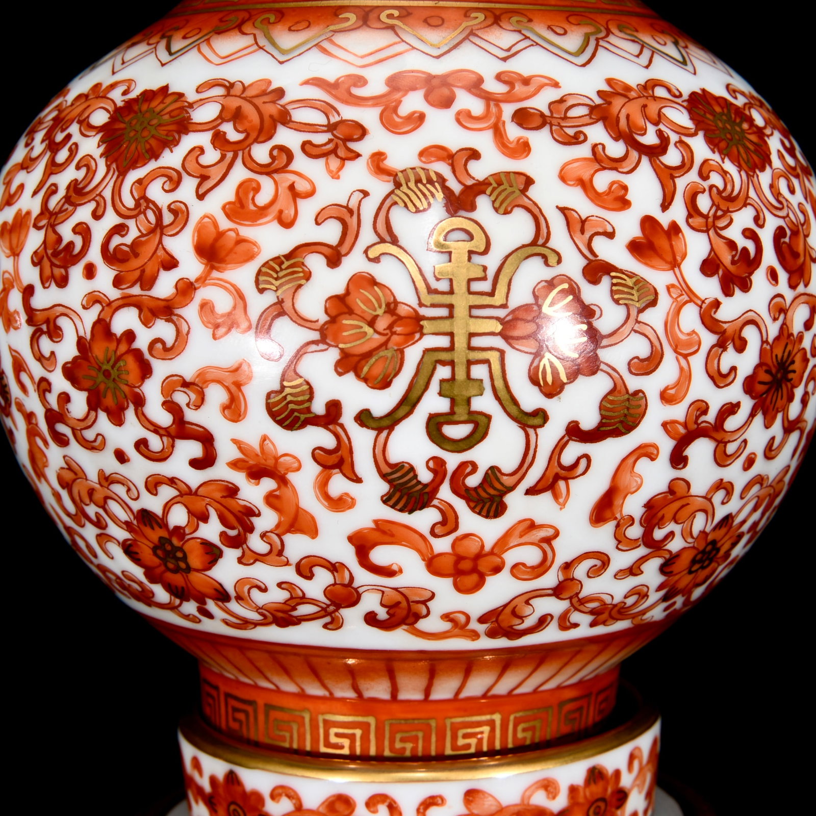 Gilt Gold Iron Red Glaze Flower Design Porcelain Turn Heart Vase - 5