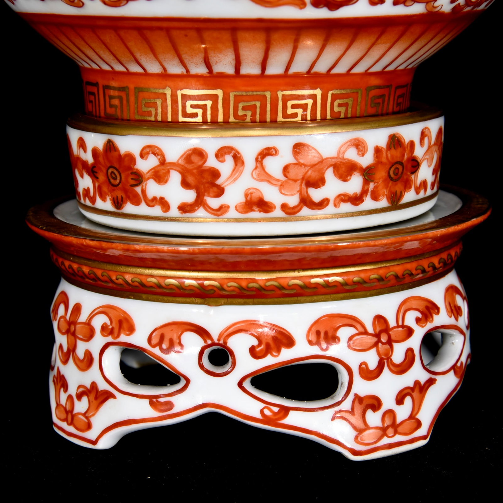 Gilt Gold Iron Red Glaze Flower Design Porcelain Turn Heart Vase - 6