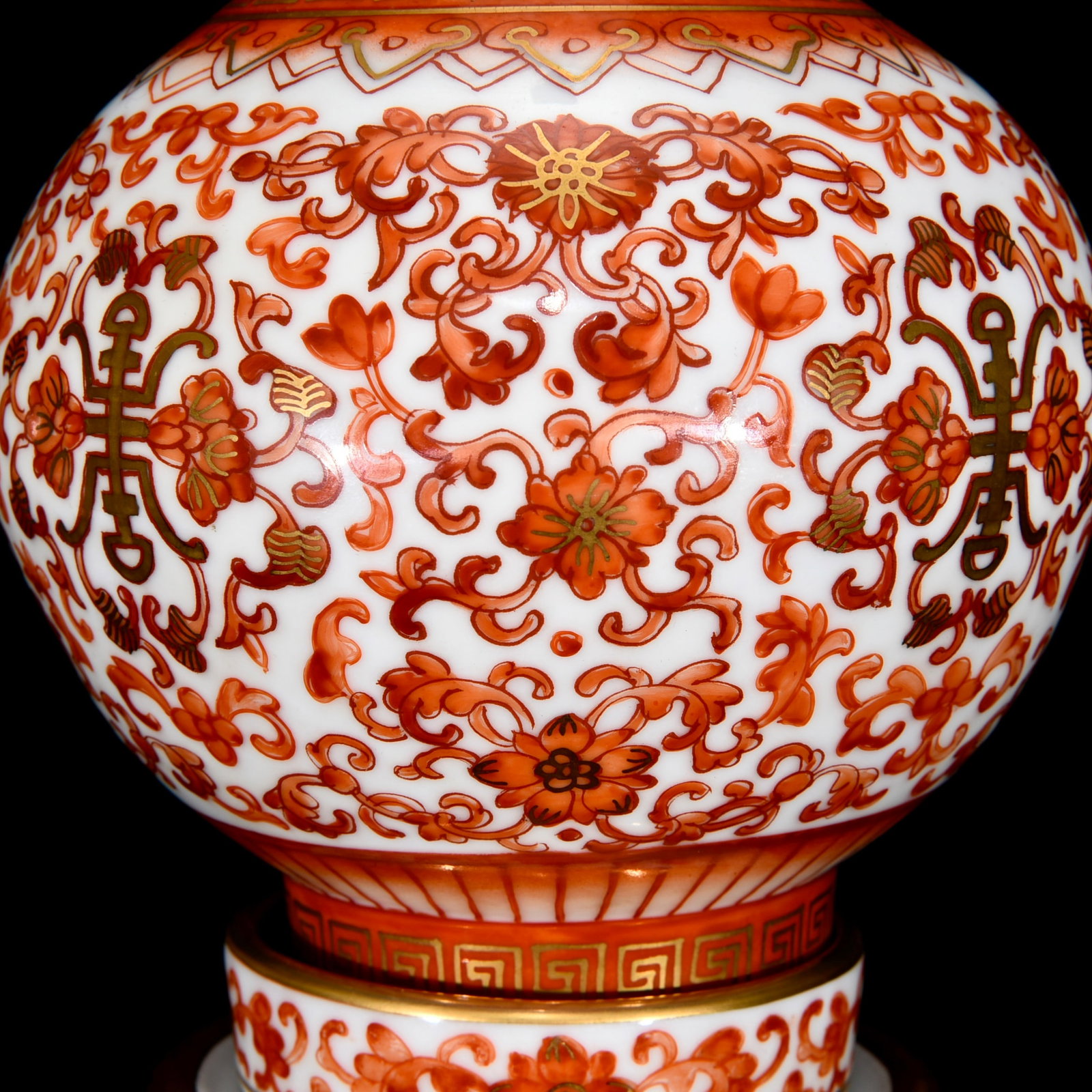 Gilt Gold Iron Red Glaze Flower Design Porcelain Turn Heart Vase - 7