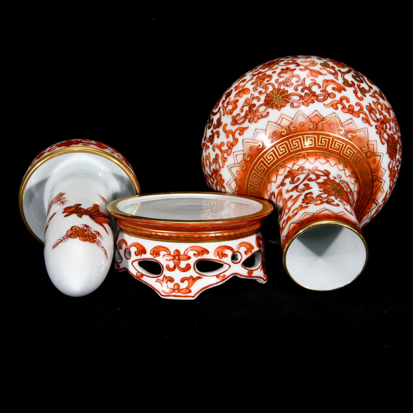 Gilt Gold Iron Red Glaze Flower Design Porcelain Turn Heart Vase - 8