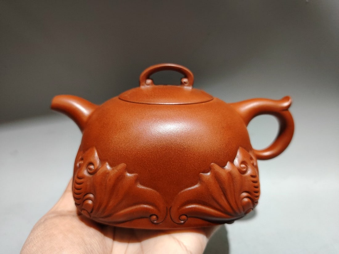 A Set Yixing Zisha Clay Fortune Bat Teapot & Cup w Artist Signed - 2