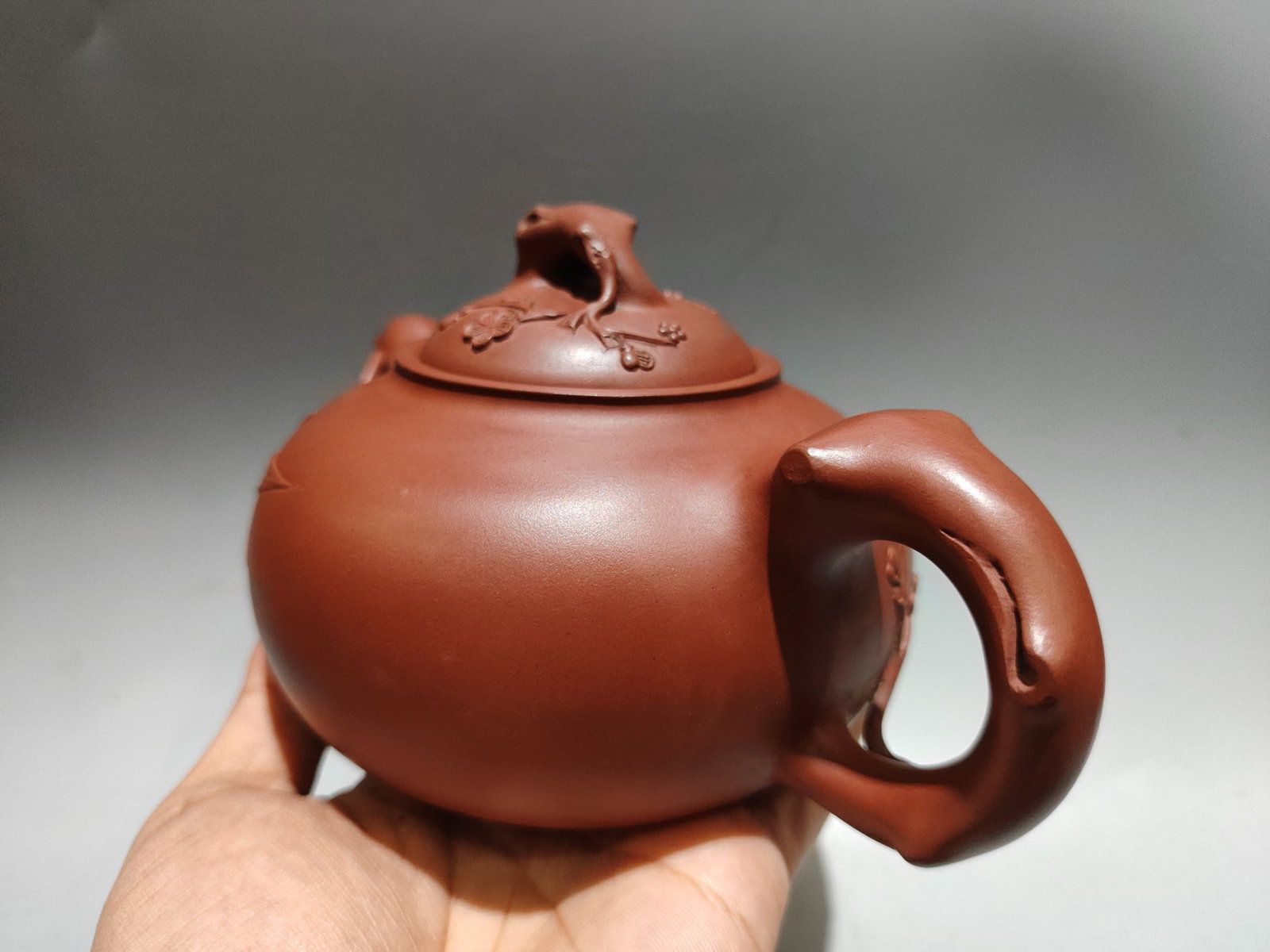 Yixing Zisha Clay Bamboo Plum blossom Teapot w Artist Signed - 3