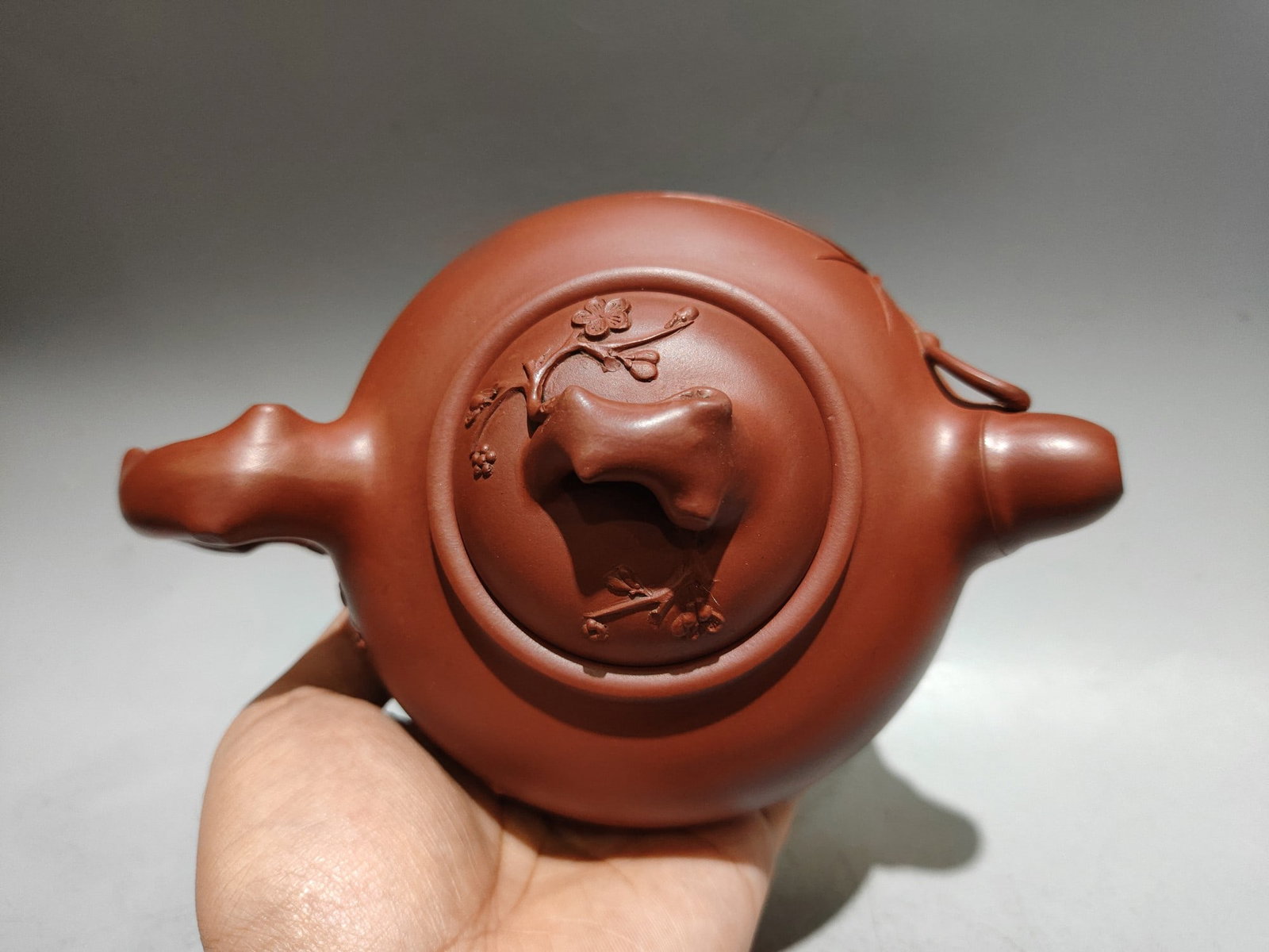 Yixing Zisha Clay Bamboo Plum blossom Teapot w Artist Signed - 5