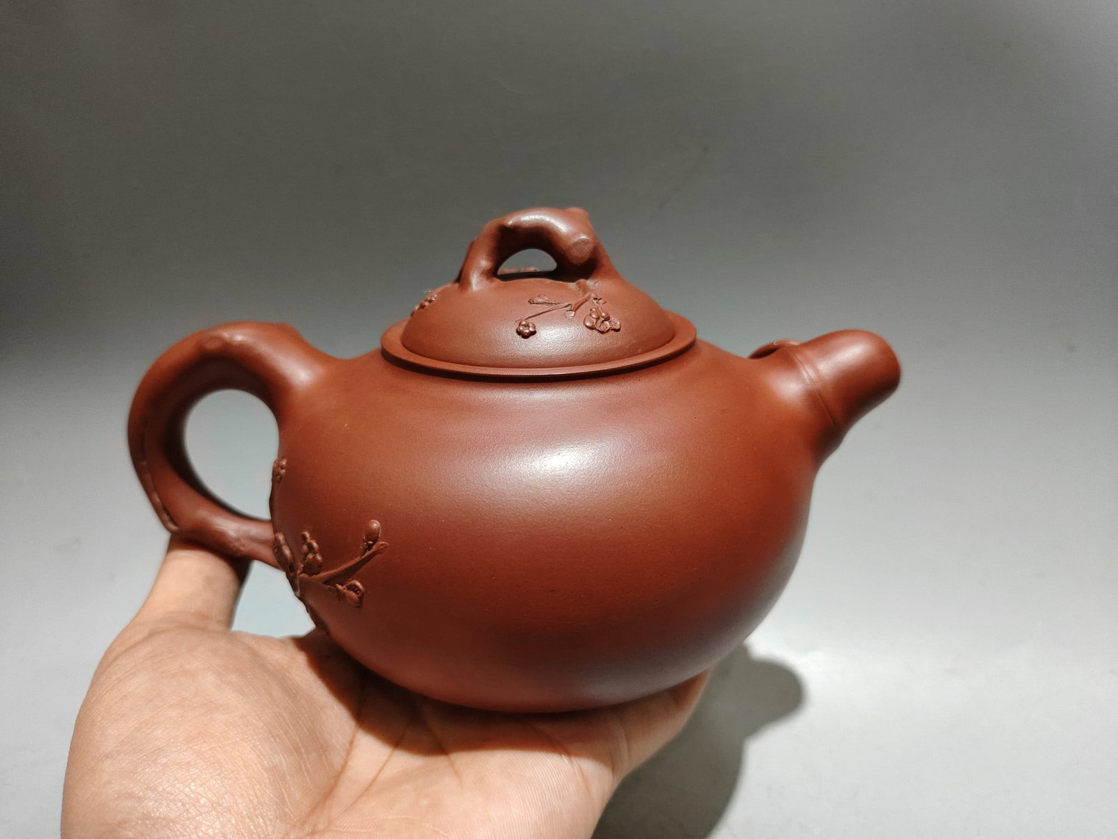 Yixing Zisha Clay Bamboo Plum blossom Teapot w Artist Signed - 9