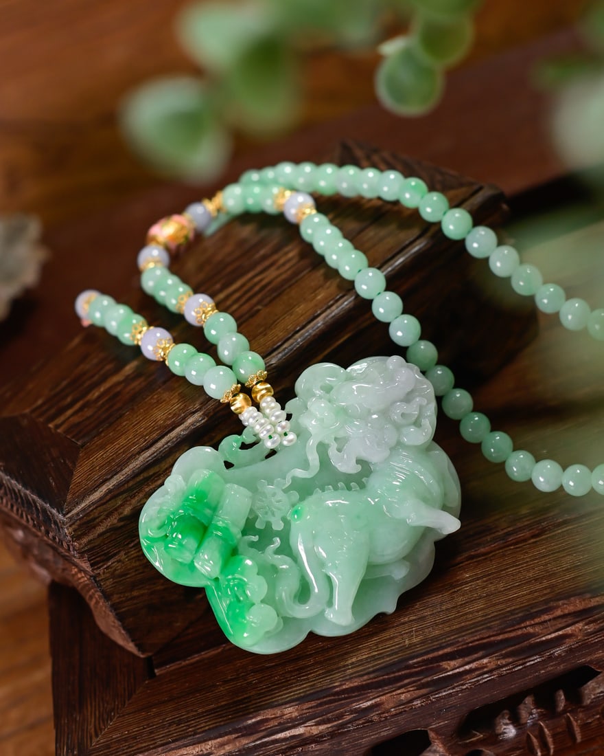Green Jadeite Hand Carved Kylin Pendant & Necklace with Certificate - 2