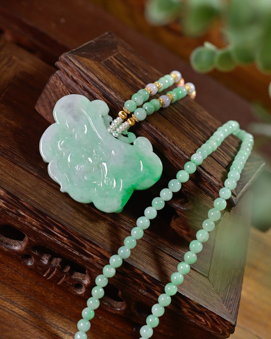 Green Jadeite Hand Carved Kylin Pendant & Necklace with Certificate - 3