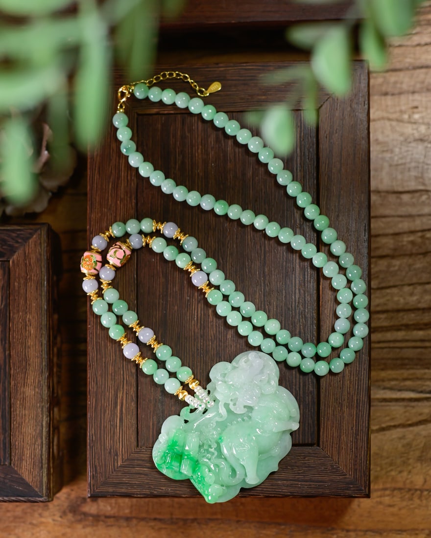 Green Jadeite Hand Carved Kylin Pendant & Necklace with Certificate - 5