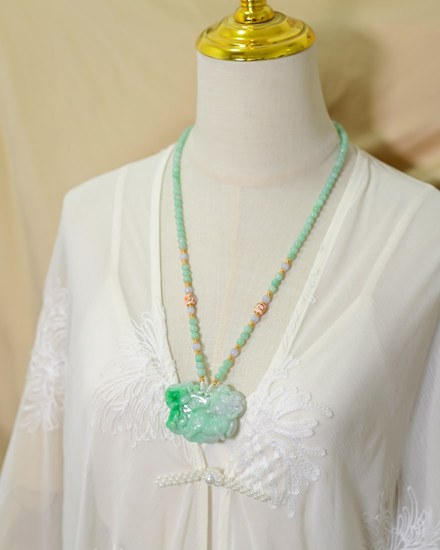 Green Jadeite Hand Carved Kylin Pendant & Necklace with Certificate - 6