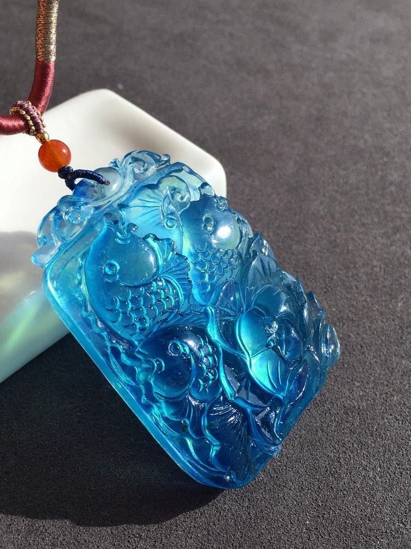 Natural Aquamarine Hand Carved Fish Lotus Pendant - 2