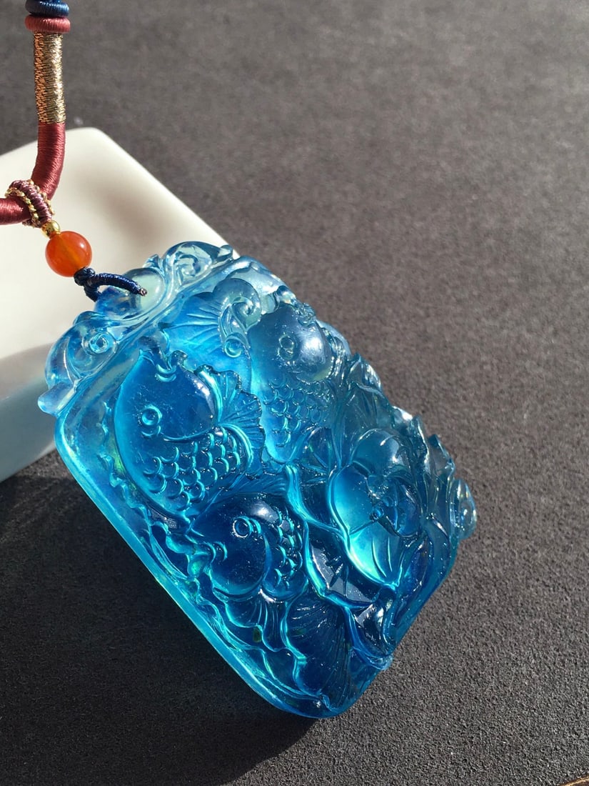 Natural Aquamarine Hand Carved Fish Lotus Pendant - 3