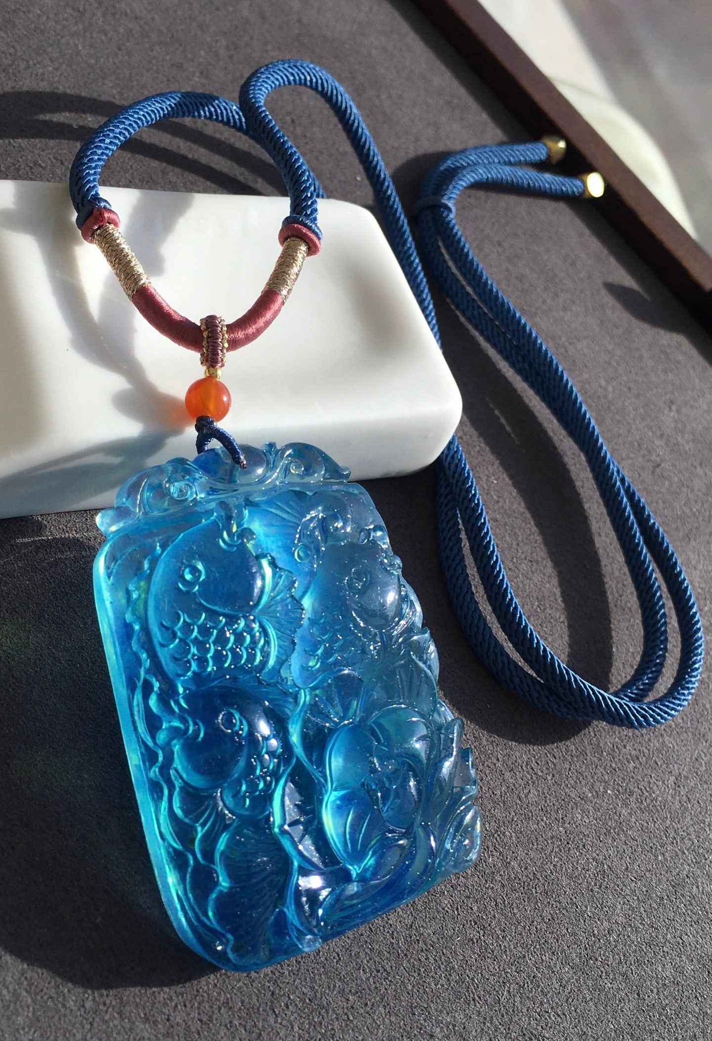Natural Aquamarine Hand Carved Fish Lotus Pendant - 4