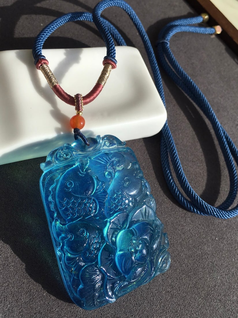 Natural Aquamarine Hand Carved Fish Lotus Pendant - 5