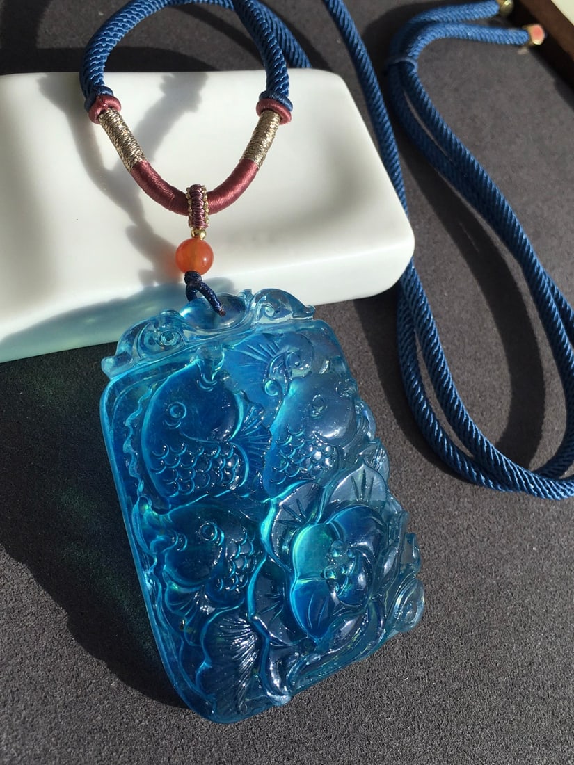 Natural Aquamarine Hand Carved Fish Lotus Pendant - 6
