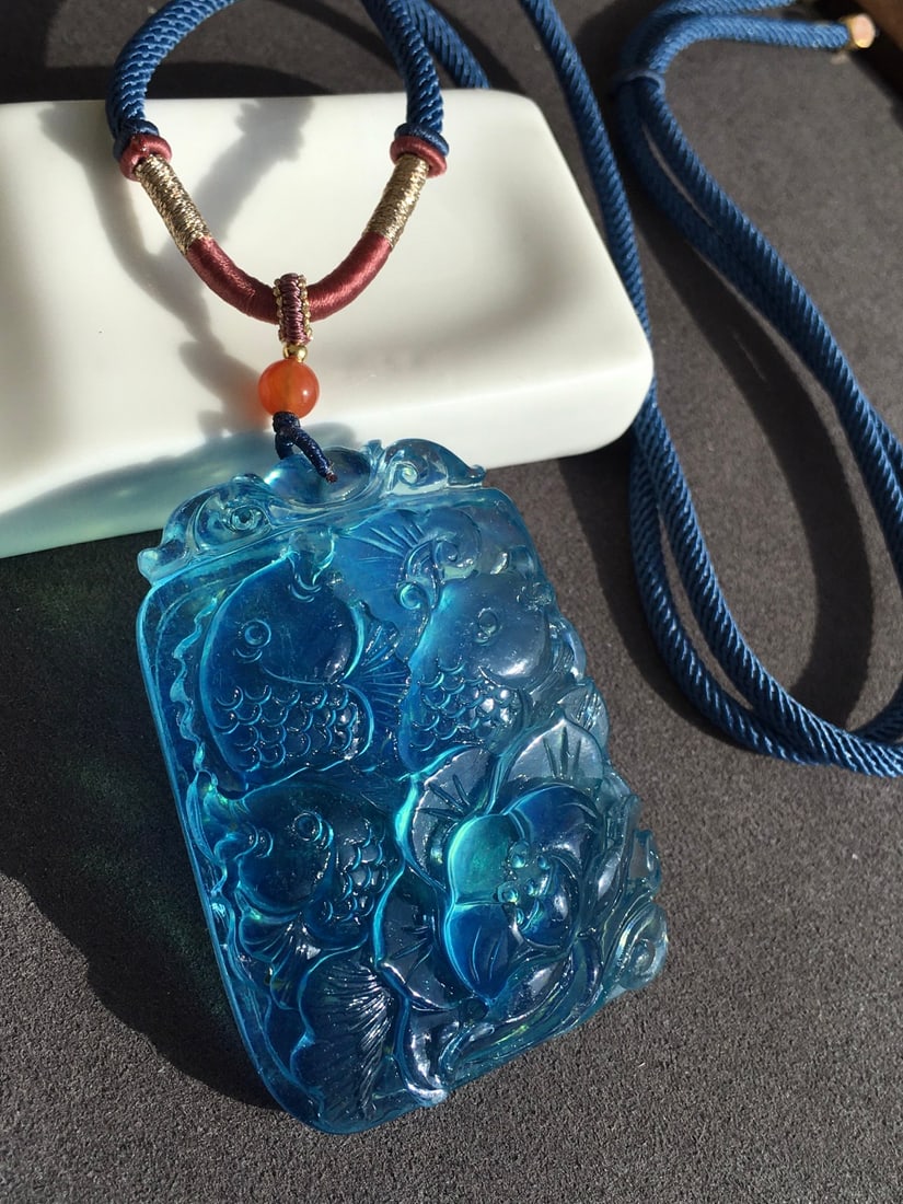 Natural Aquamarine Hand Carved Fish Lotus Pendant - 7