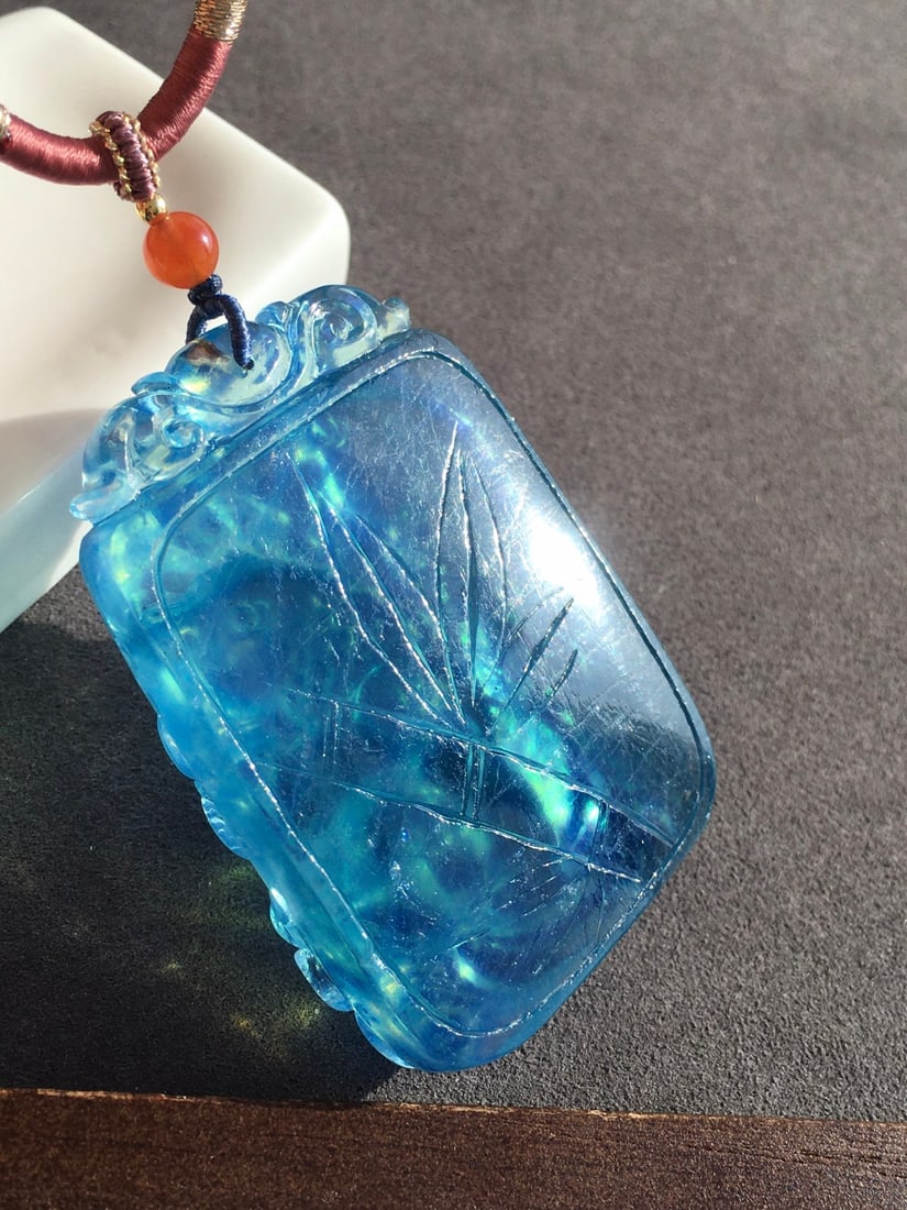 Natural Aquamarine Hand Carved Fish Lotus Pendant - 8