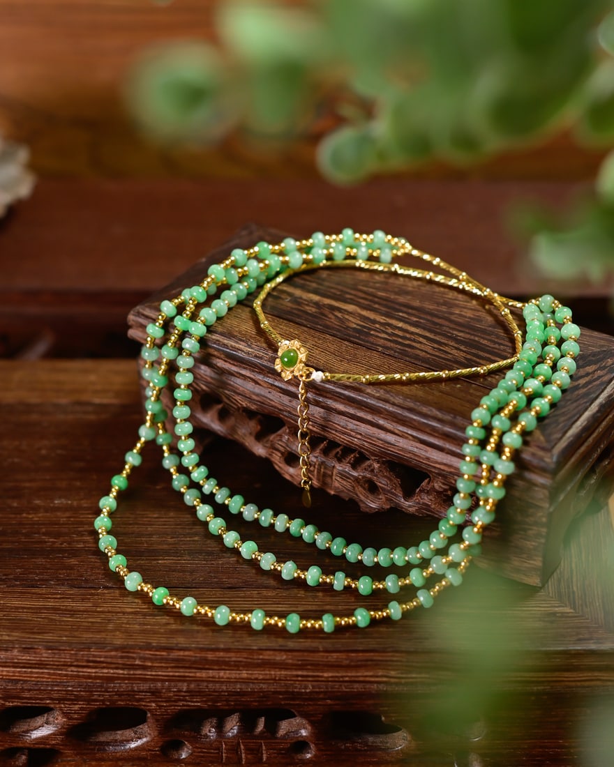Silver & Green Jadeite Three layers Necklace with Certificate - 3