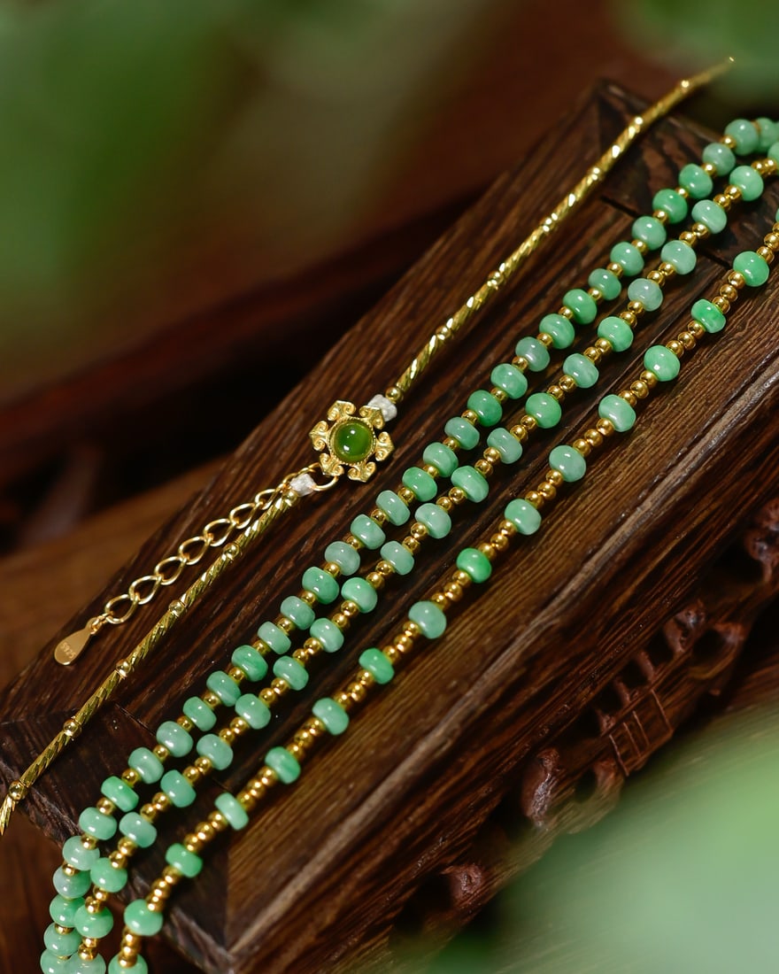 Silver & Green Jadeite Three layers Necklace with Certificate - 4